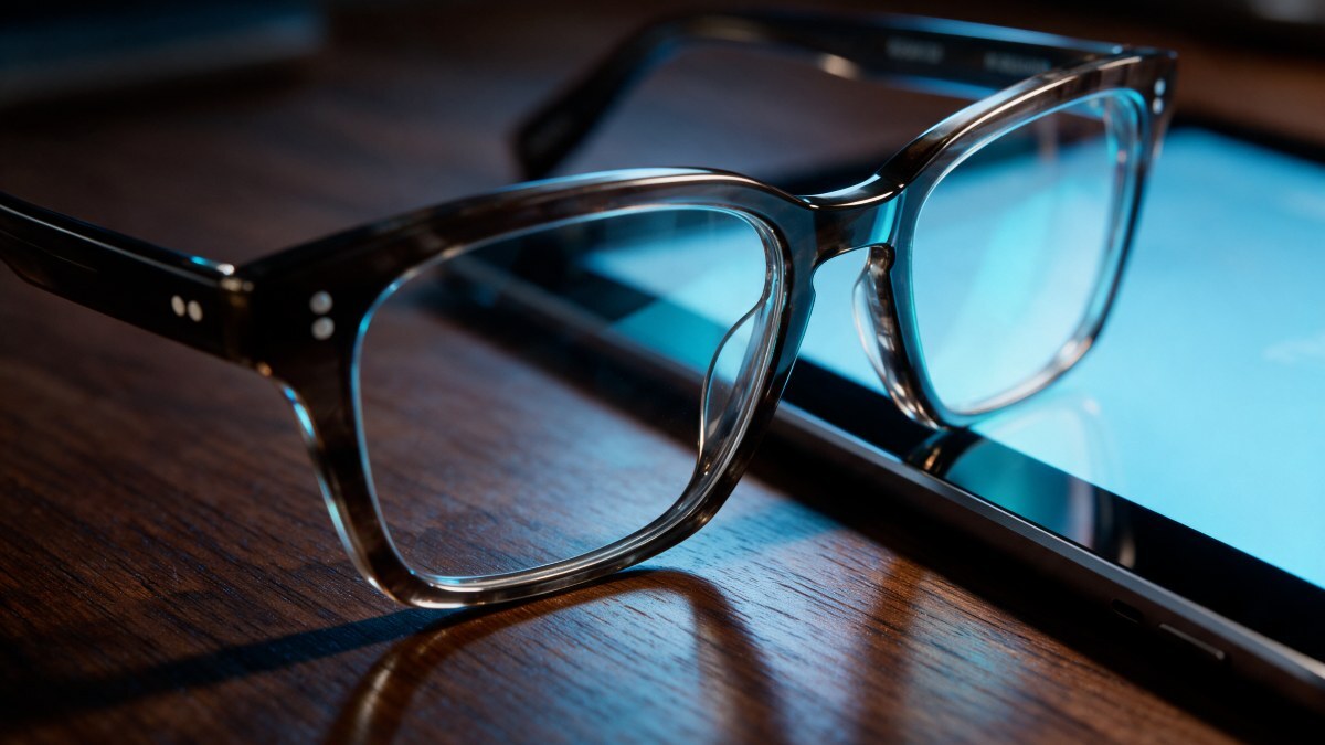 scojo-blulite-blue-light-reading-glasses-macro Macro close-up of SCOJO New York BluLite blue light reading glasses with anti-reflective lenses resting on a wooden desk beside an iPad.