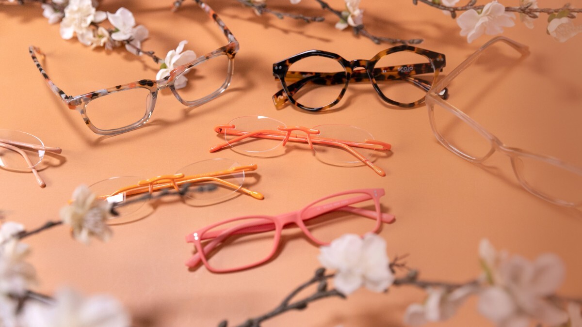 Assorted SCOJO reading glasses on a peach background, framed by white blossom branches.