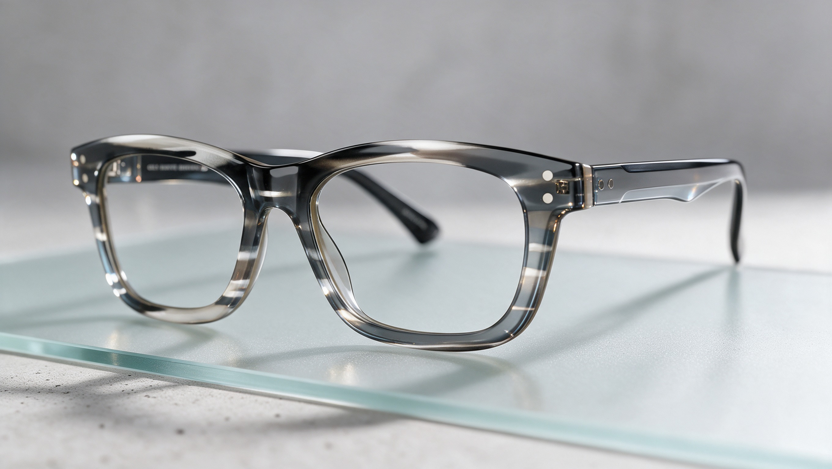 TR9-90 Ultra-lightweight TR-90 reading glasses resting on a sleek, minimalist frosted glass and light concrete surface.